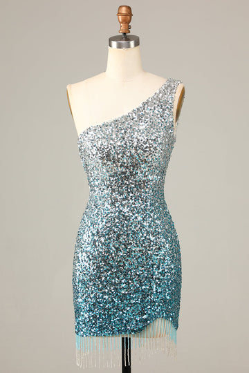 Sparkly Bodycon Spaghetti stropper Blå paljetter Kort Homecoming kjole med dusk